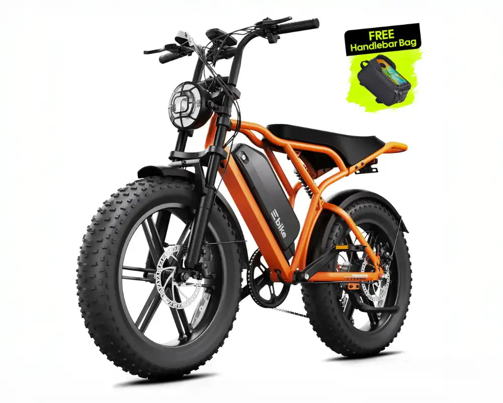 Orange electric bike with a free handlebar bag on a white background