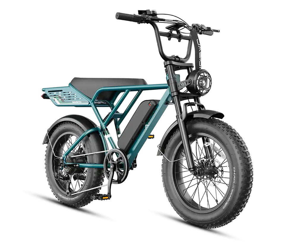 Teal electric bike with a black seat on a white background