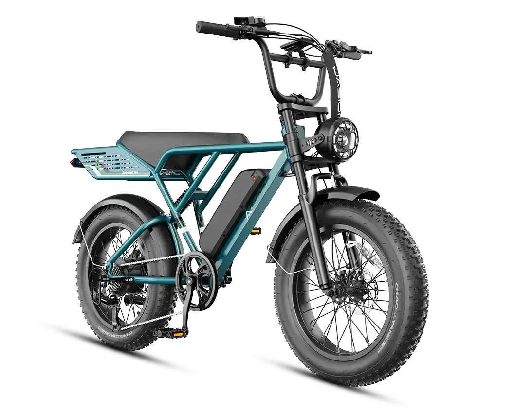 Teal electric bike with a black seat on a white background