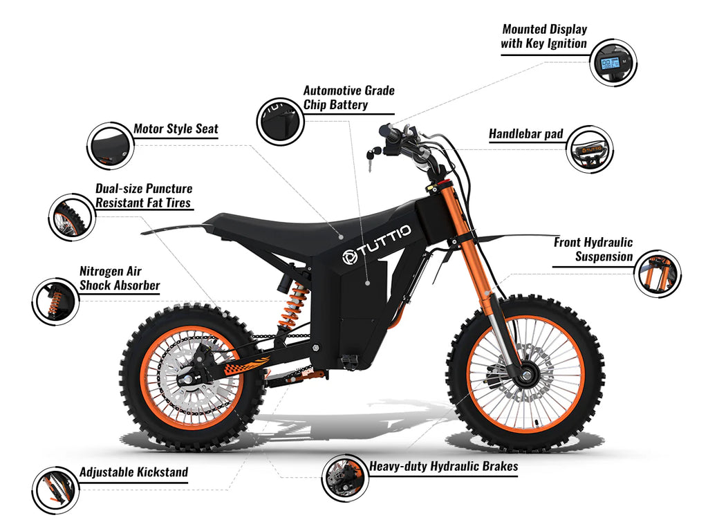 Electric bike with features listed on a white background