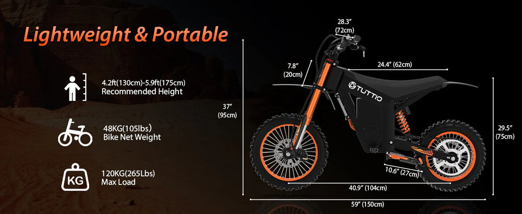 Tutto electric bike with dimensions and weight information on a dark background