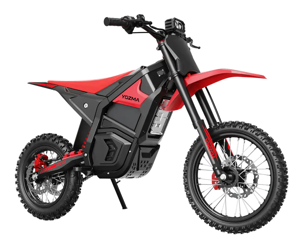 Red and black electric dirt bike Yozma on a white background