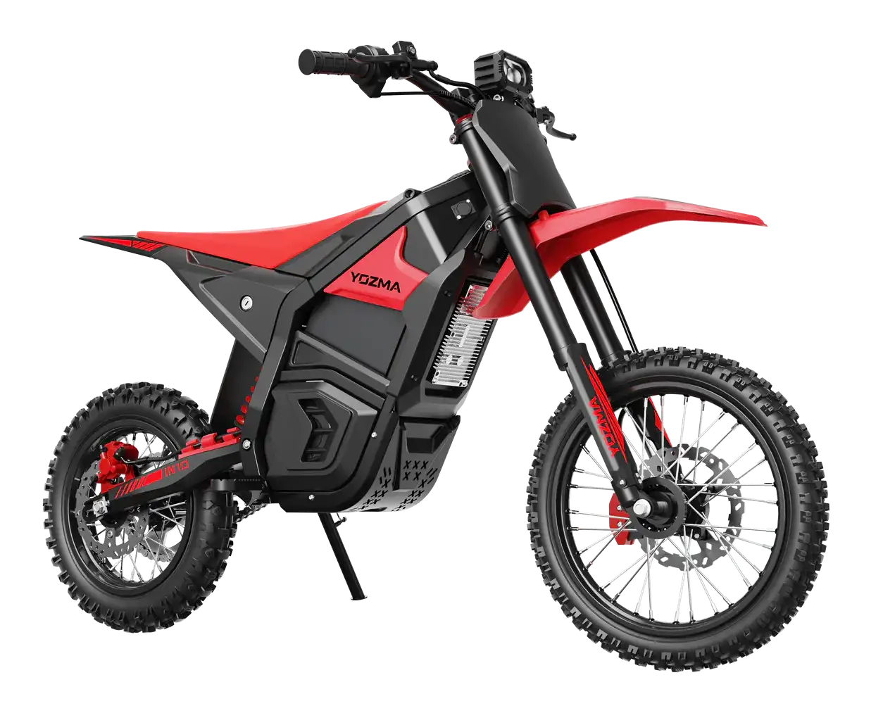 Red and black electric dirt bike Yozma on a white background